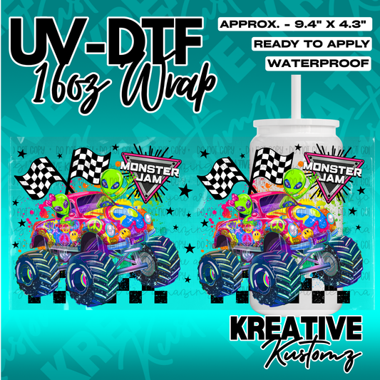 A UV DTF cup wrap featuring a colorful monster truck with aliens and checkered flags.