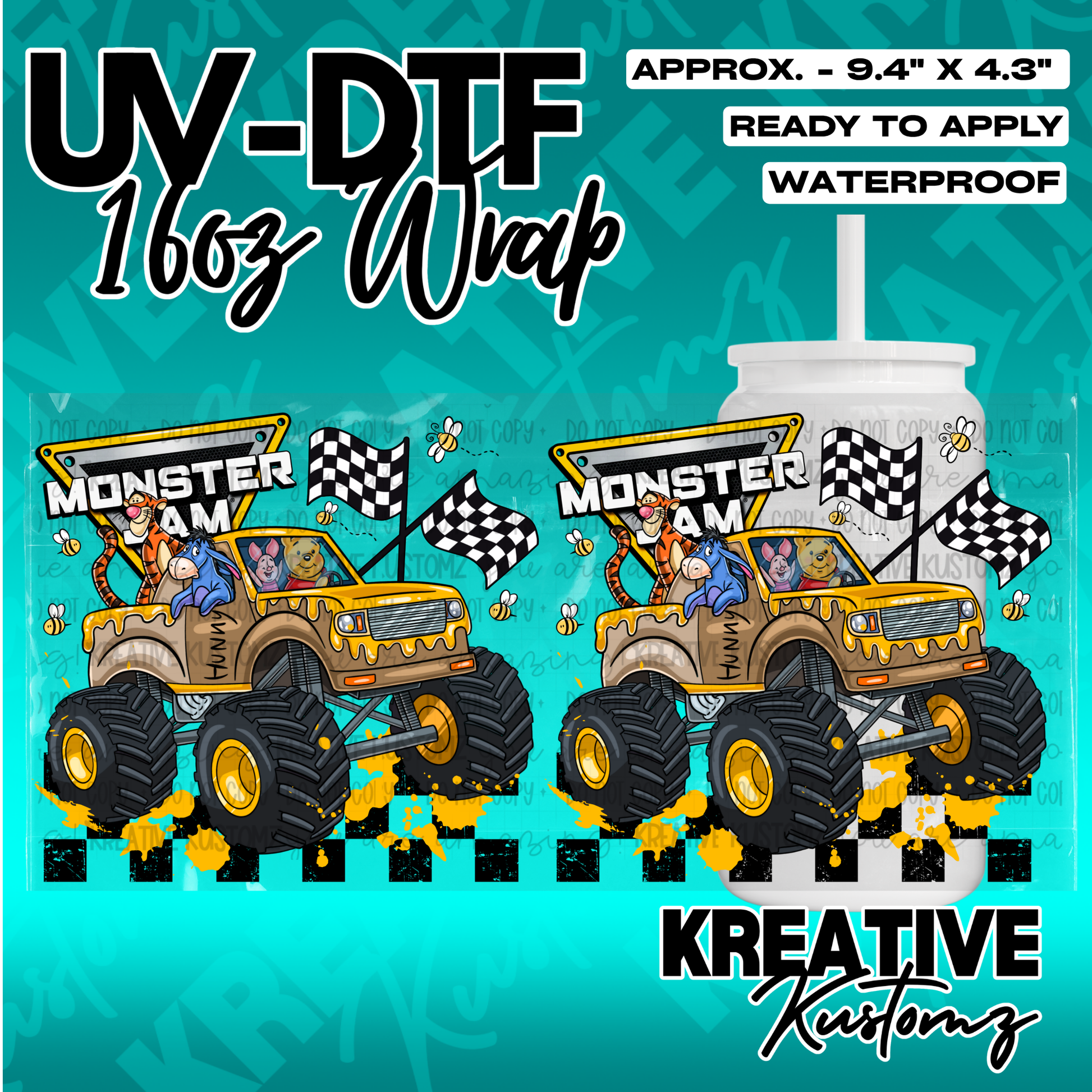 A Winnie the Pooh themed monster truck UV DTF adhesive wrap for a 16oz glass cup.