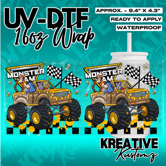 A Winnie the Pooh themed monster truck UV DTF adhesive wrap for a 16oz glass cup.