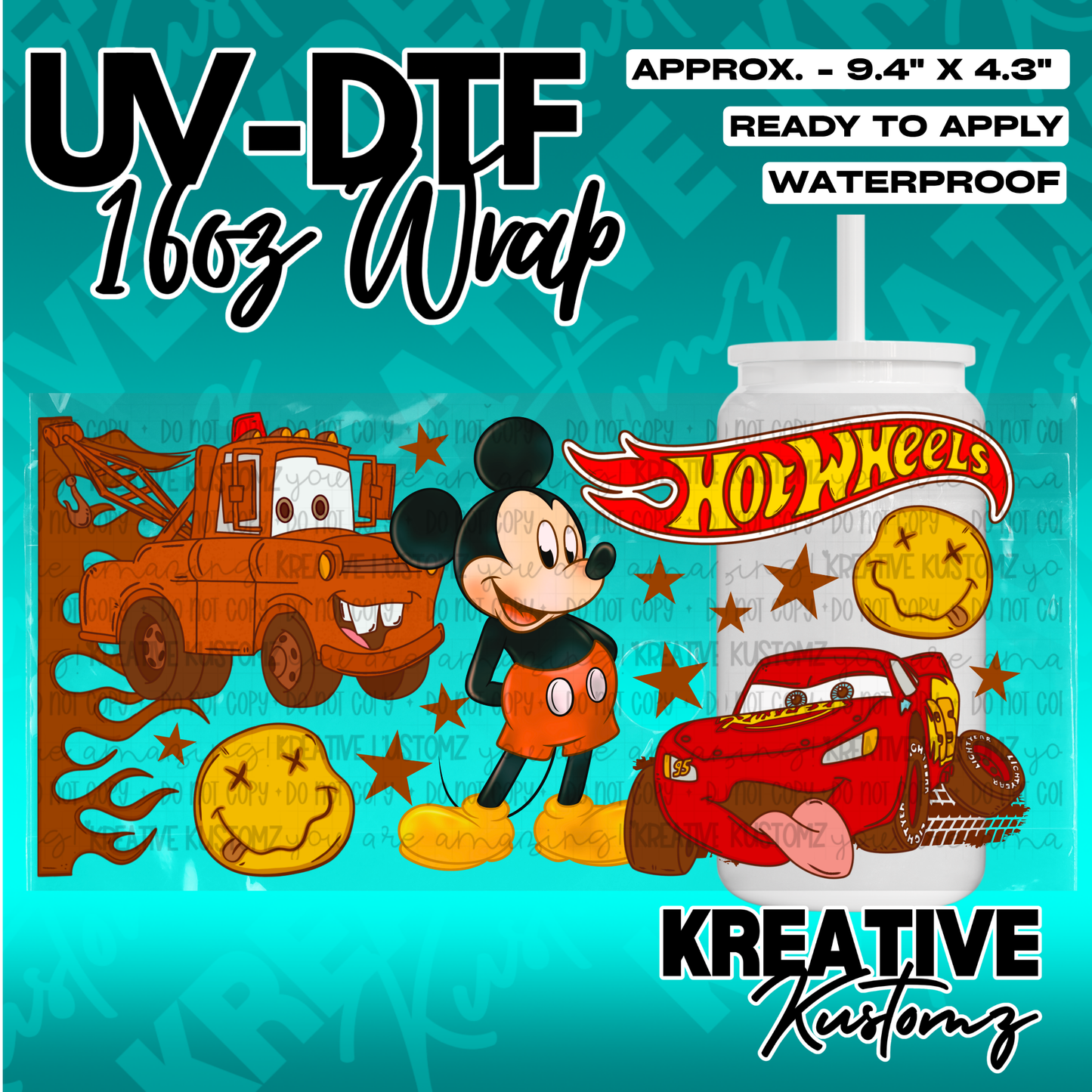 A UV DTF cup wrap featuring Mickey Mouse, Mater, Lightning McQueen, and smiley faces.