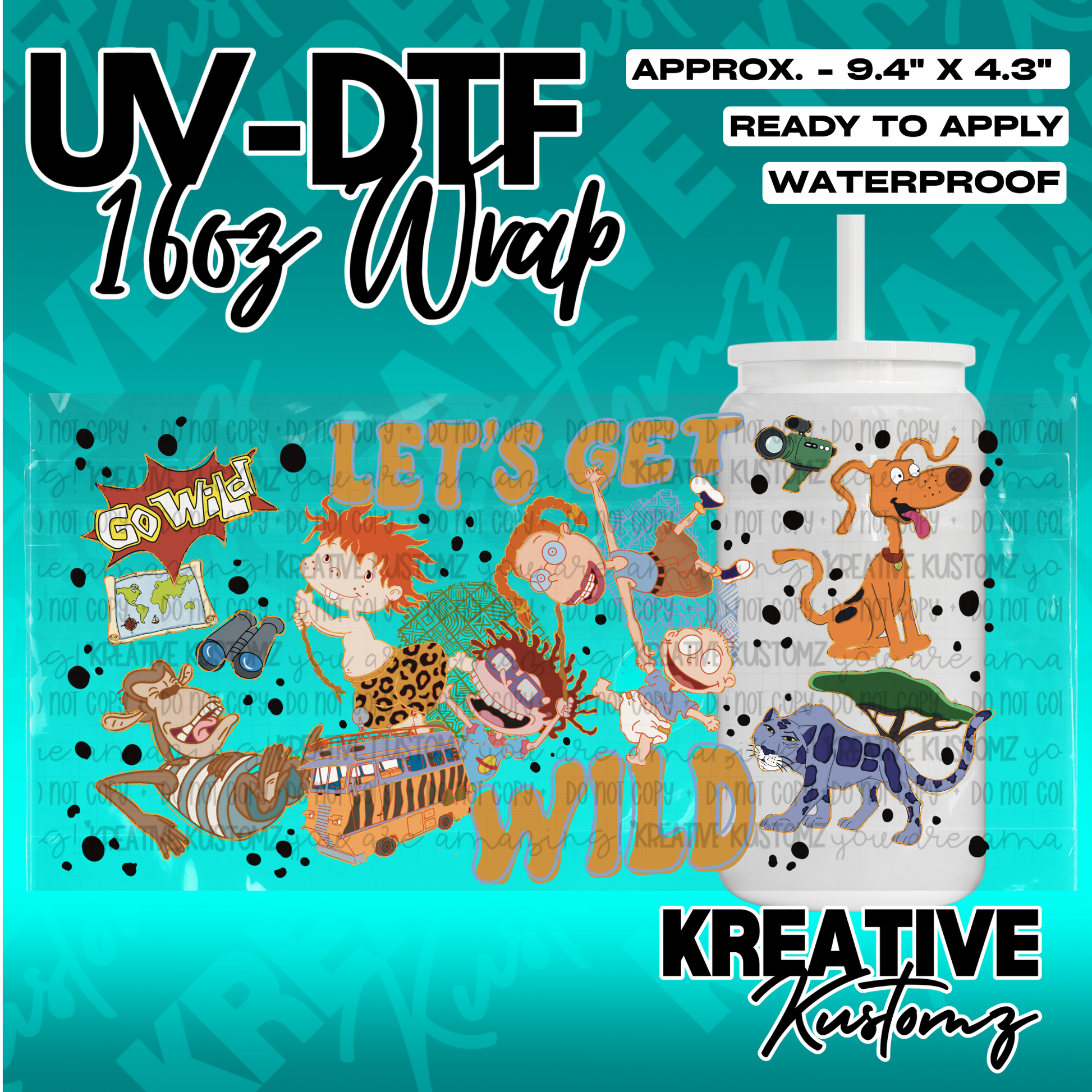 A Rugrats themed adhesive cup wrap featuring cartoon characters for a 16oz glass can.