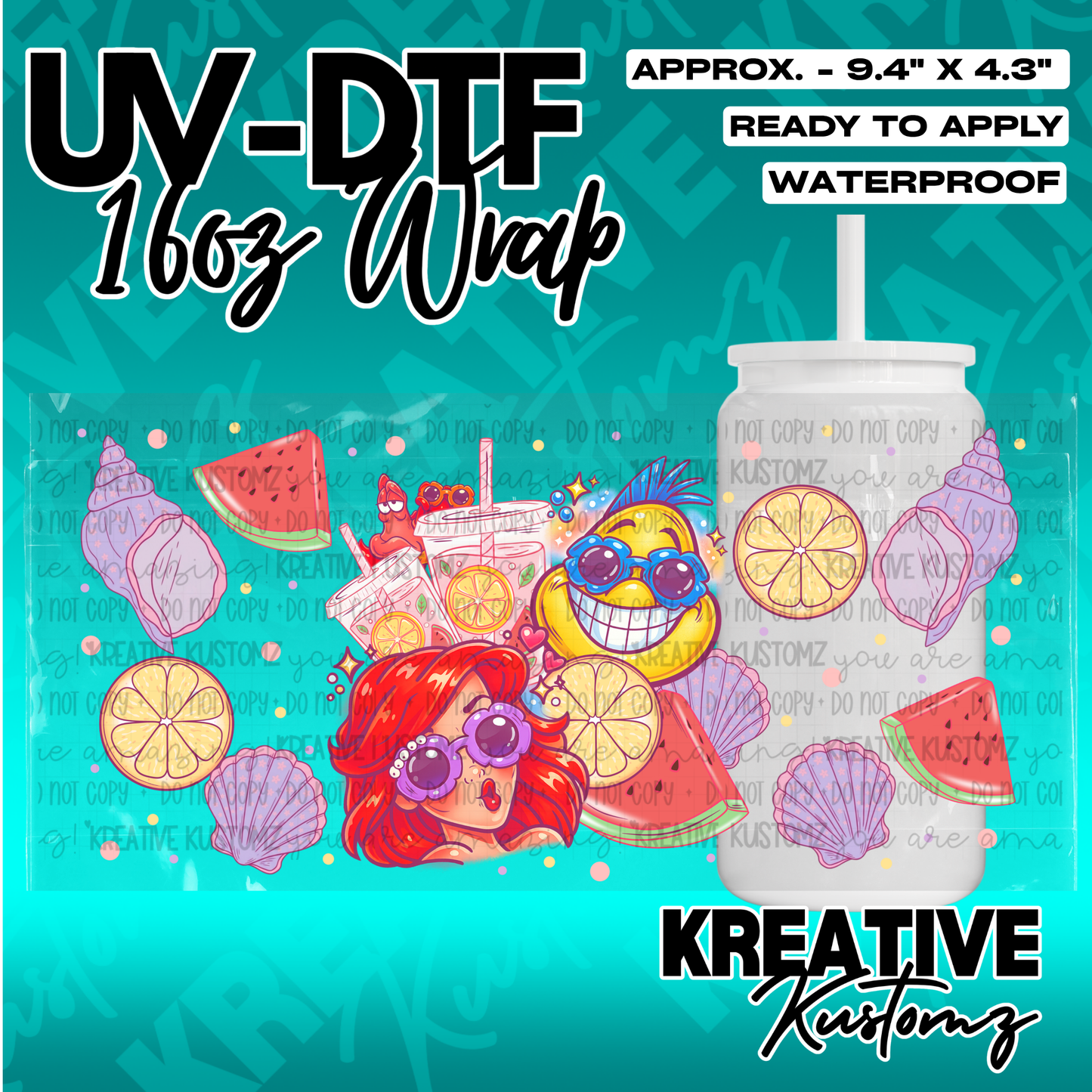 A summer-themed UV DTF adhesive wrap for a 16oz glass cup featuring a girl, shells, and fruit.