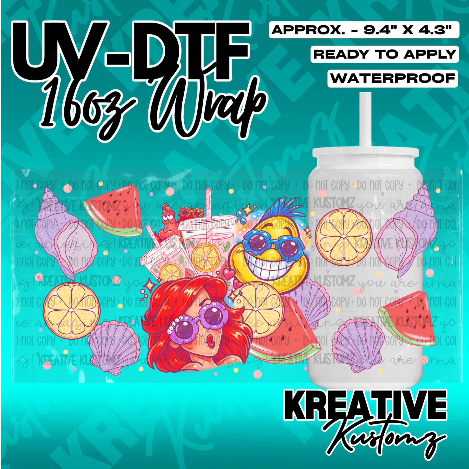 A summer-themed UV DTF adhesive wrap for a 16oz glass cup featuring a girl, shells, and fruit.