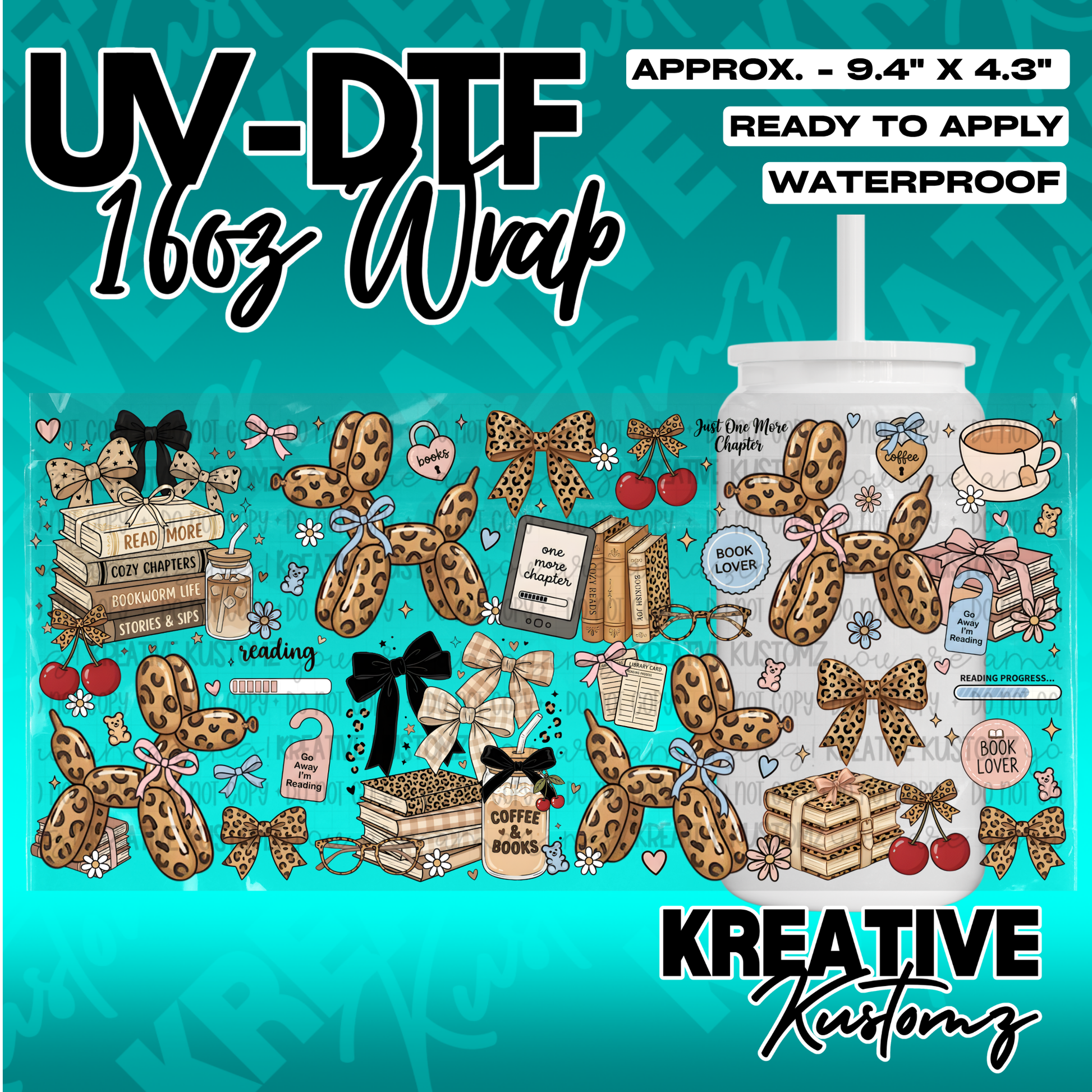 A UV DTF adhesive cup wrap featuring a book-themed pattern with leopard print balloon animals.