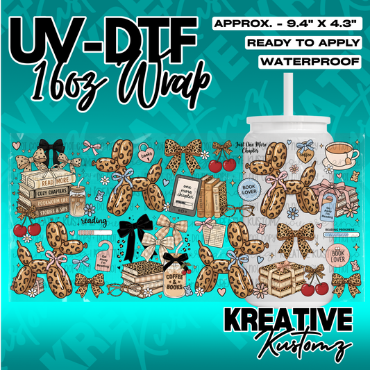 A UV DTF adhesive cup wrap featuring a book-themed pattern with leopard print balloon animals.