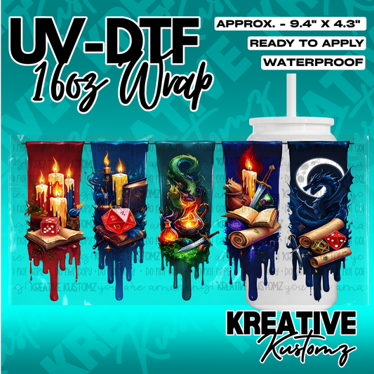A fantasy-themed UV DTF adhesive cup wrap featuring five vertical panels with magical imagery.