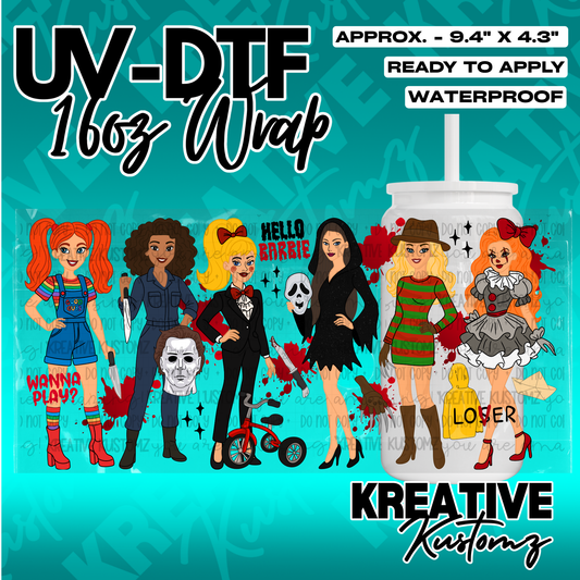 A UV DTF cup wrap featuring cartoon-style female characters dressed as famous horror movie icons.