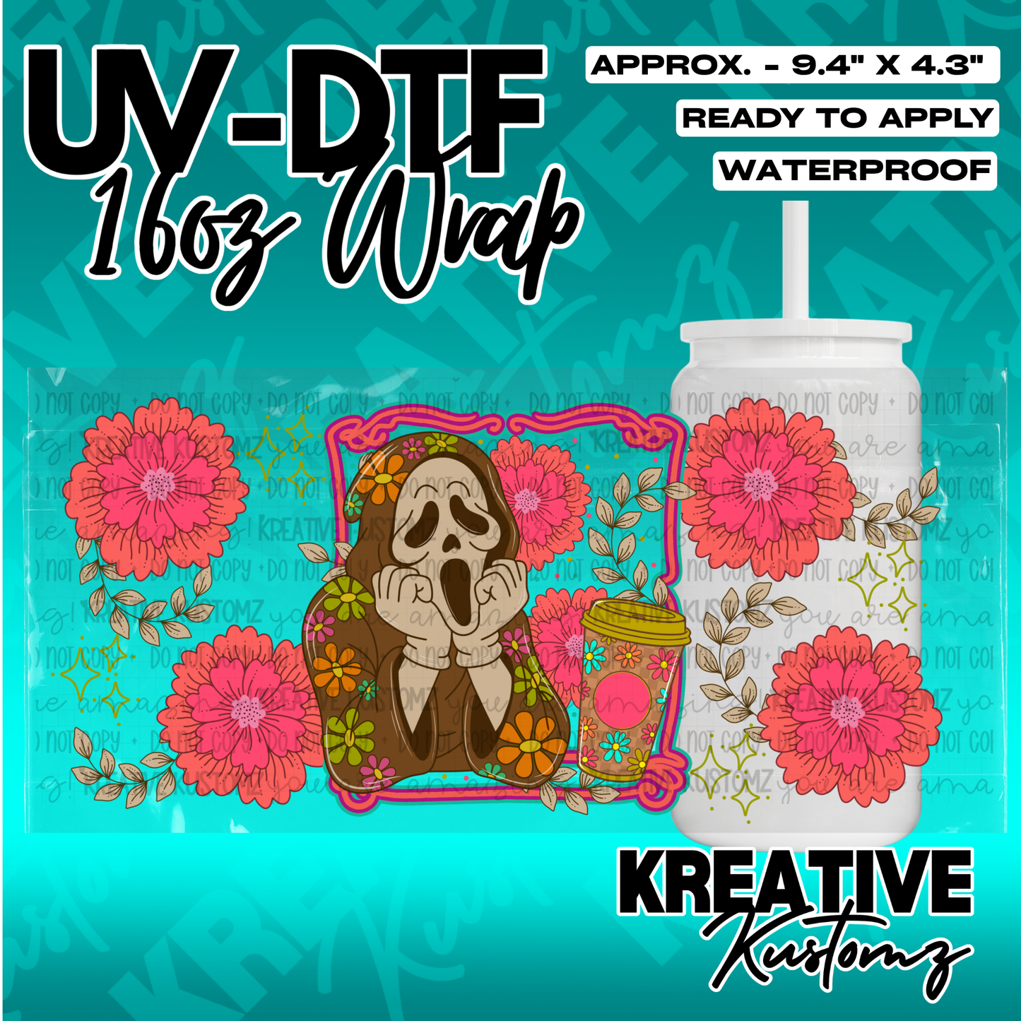 A floral UV DTF cup wrap featuring a ghost character and coffee cup design for 16oz glass cans.
