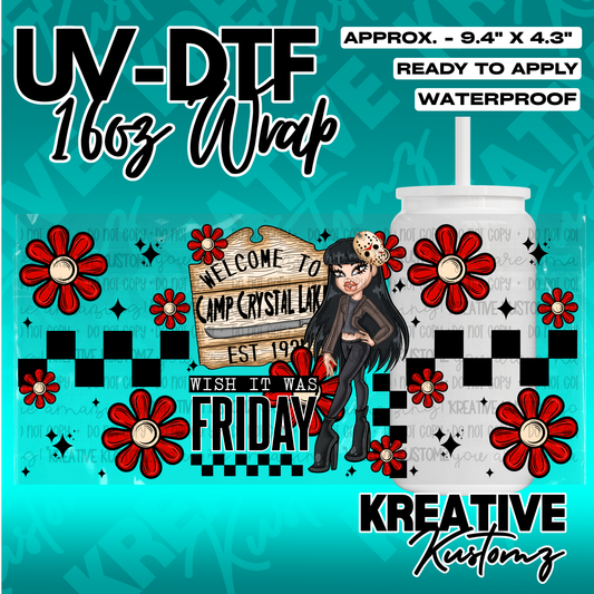 A horror-themed UV DTF cup wrap featuring a stylized character, flowers, and checkered patterns.