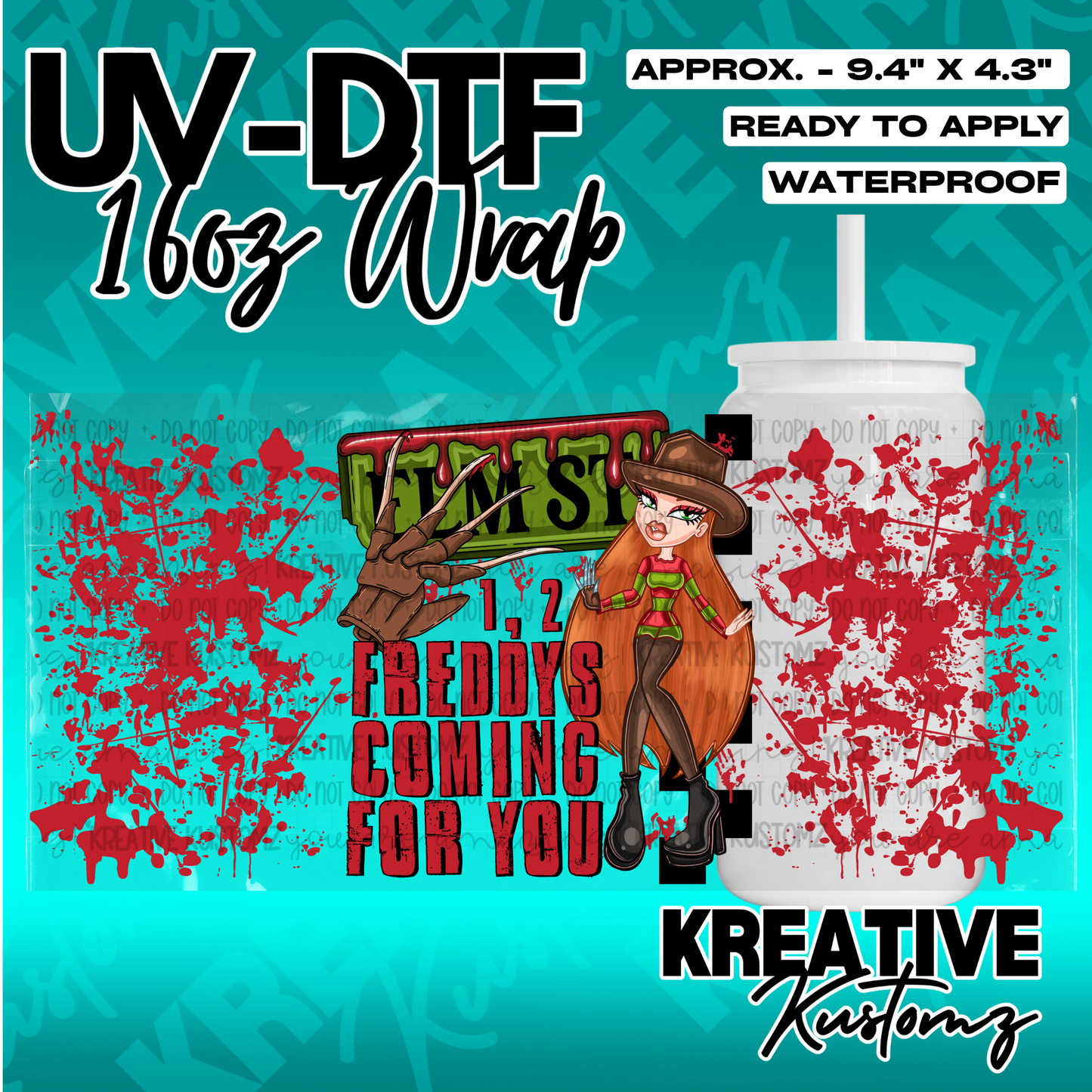 A Nightmare on Elm Street themed UV DTF cup wrap featuring a character and blood splatter design.