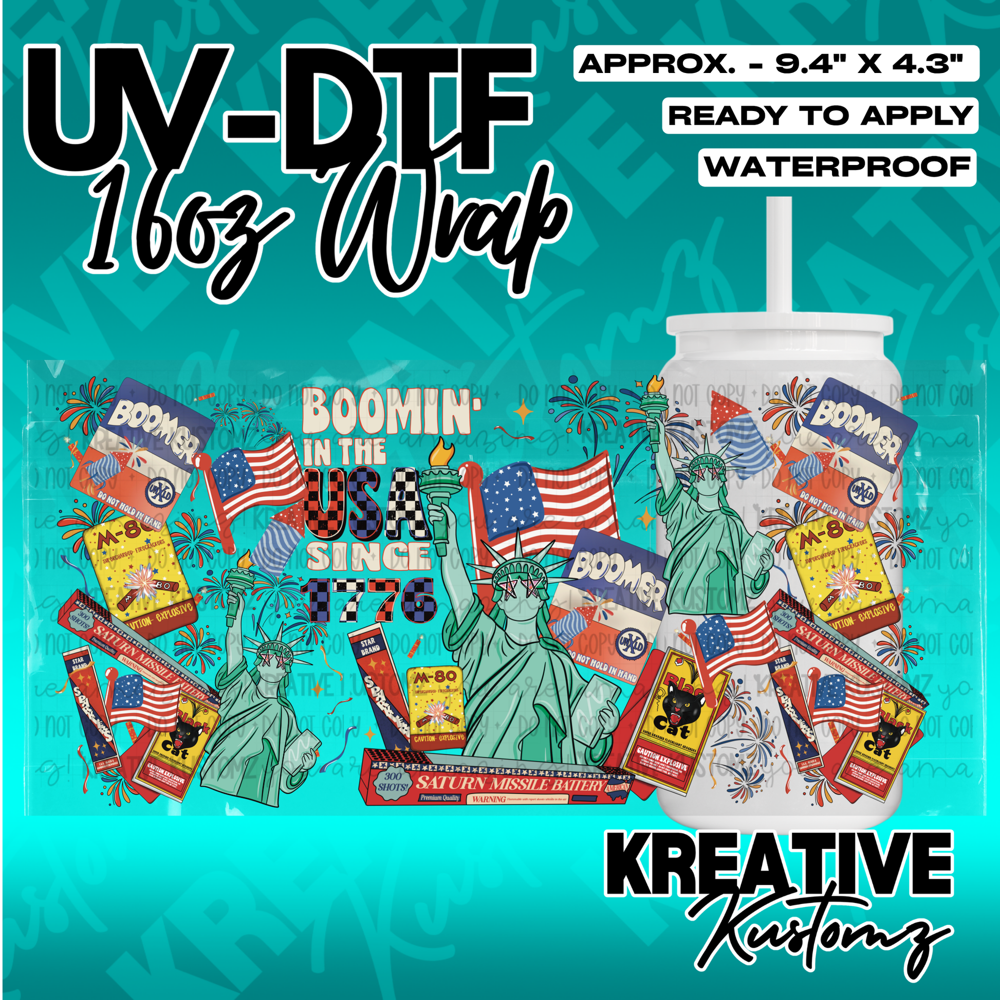 A patriotic UV DTF cup wrap featuring fireworks, the Statue of Liberty, and American flags.