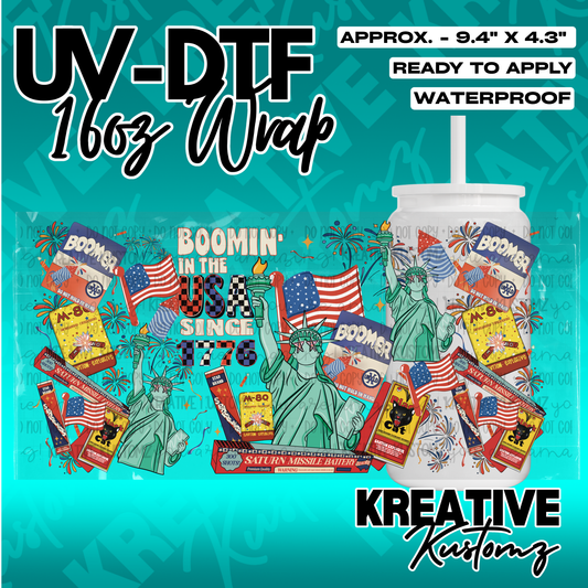 A patriotic UV DTF cup wrap featuring fireworks, the Statue of Liberty, and American flags.