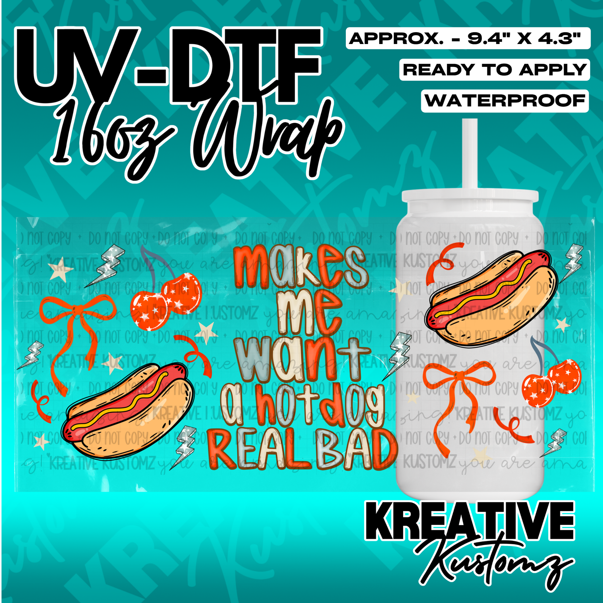 A UV DTF adhesive wrap for 16oz glass cans featuring hotdogs, cherries, bows, and text.