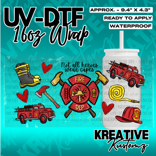 A firefighter themed UV DTF adhesive wrap for a 16oz glass cup featuring tools and trucks.