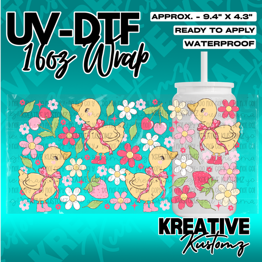 A floral UV DTF adhesive wrap for 16oz glass cups featuring yellow ducks, flowers, and strawberries.