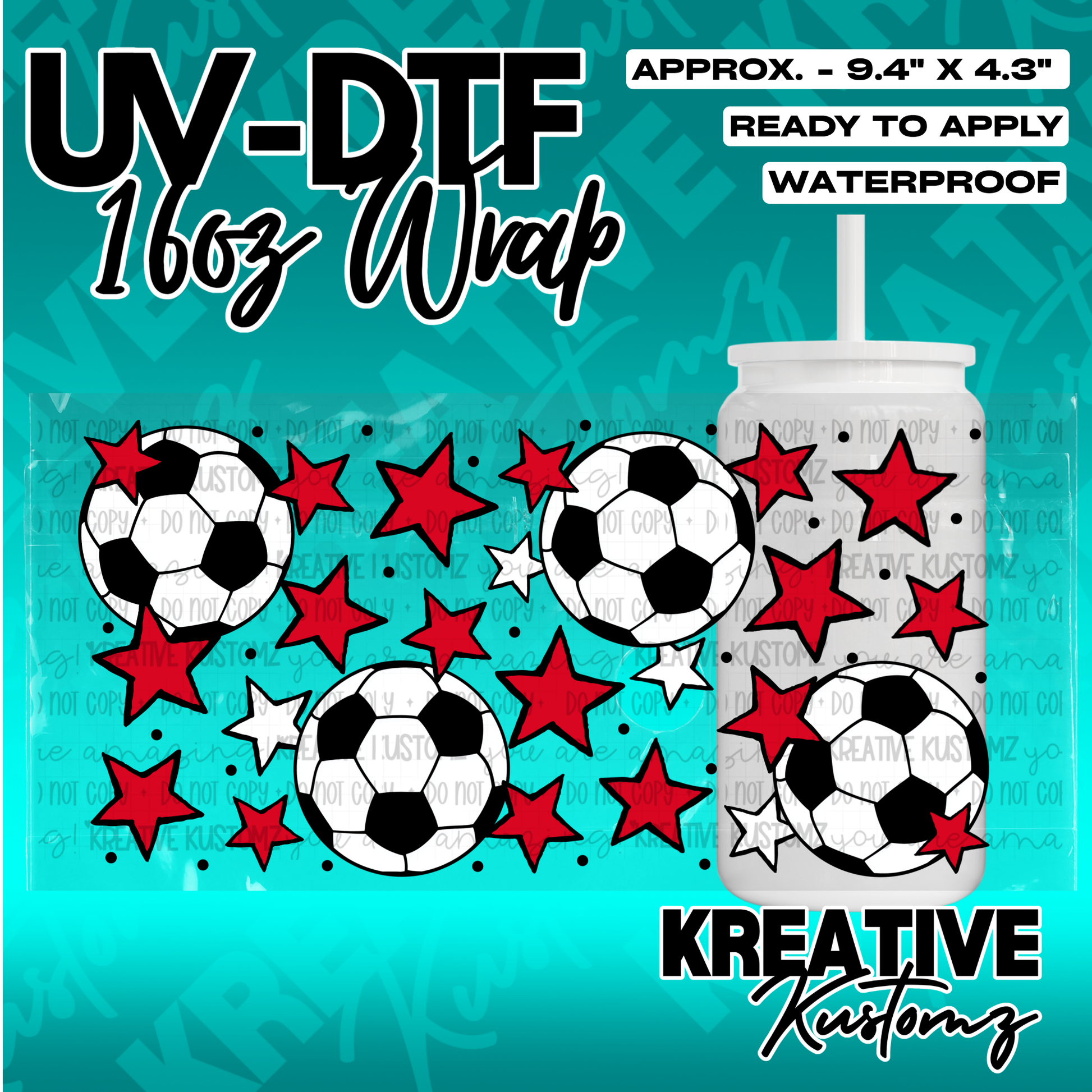 A UV DTF adhesive cup wrap featuring a pattern of soccer balls and red stars.