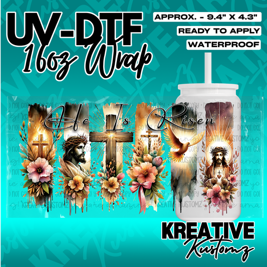 A religious themed UV DTF adhesive wrap for a 16oz glass cup featuring Jesus and floral designs.