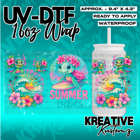 A UV DTF adhesive wrap for 16oz glass cans featuring a tropical turtle and summer theme.