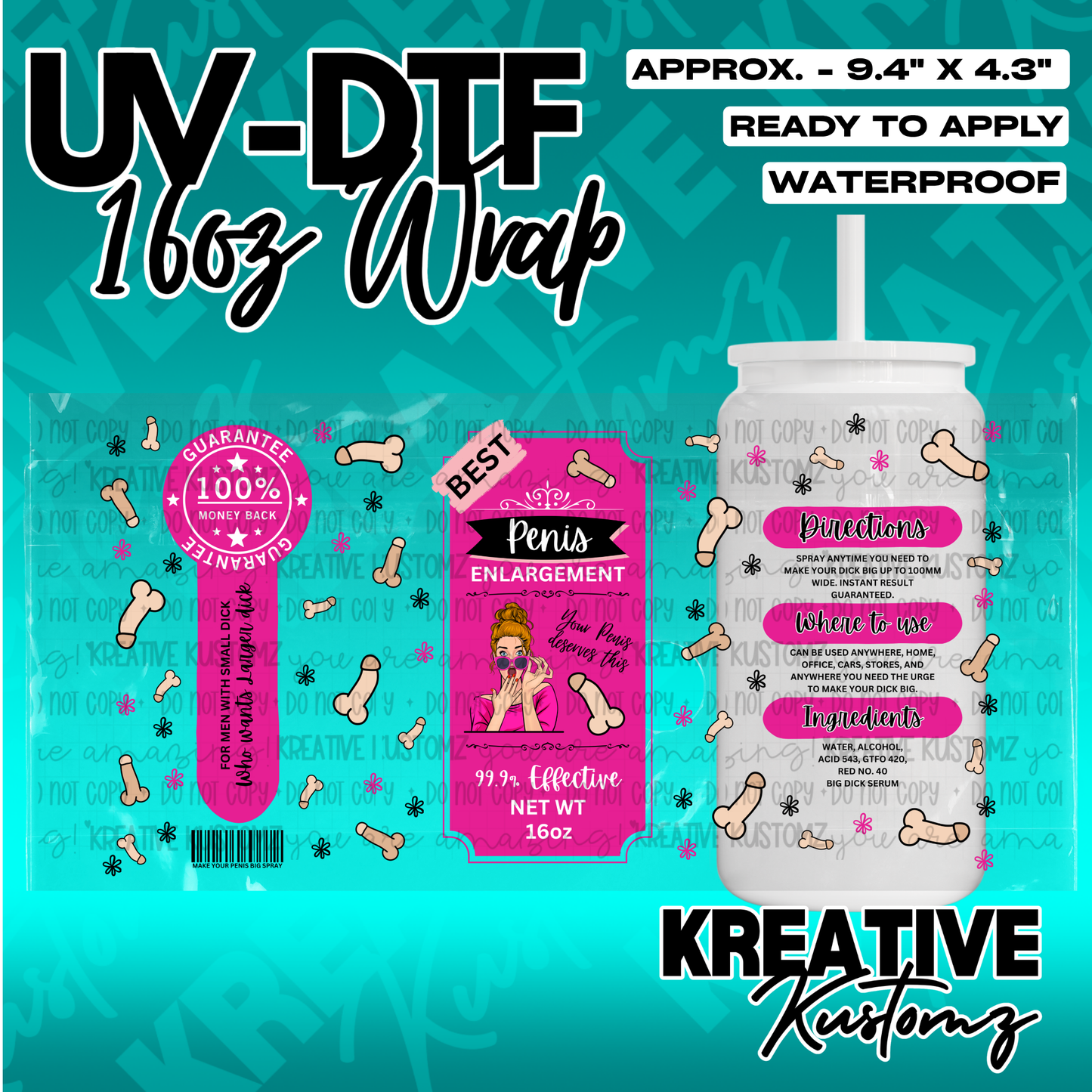 A UV DTF adhesive cup wrap featuring a humorous design for a 16 ounce glass can.