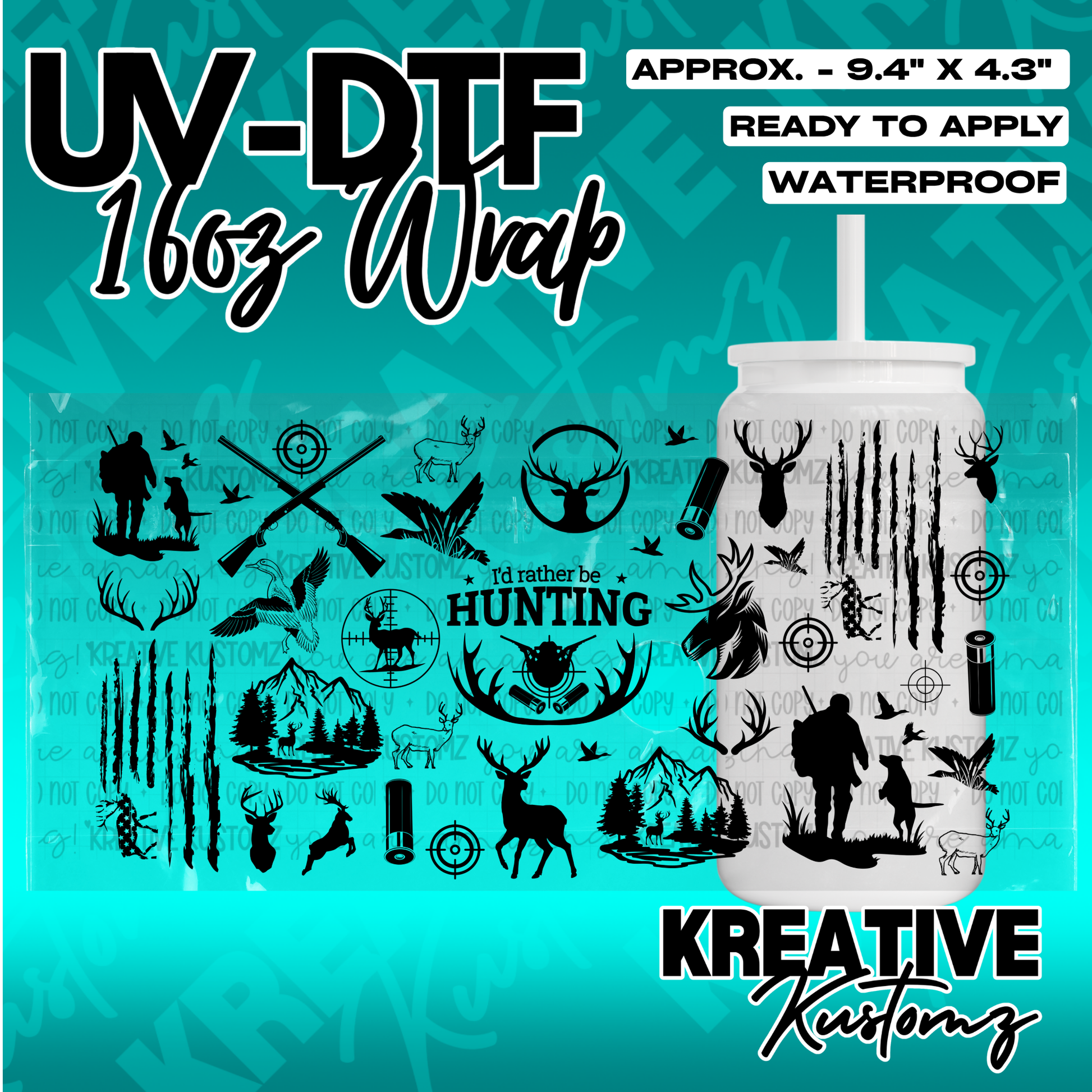 A hunting themed UV DTF cup wrap featuring silhouettes of deer, hunters, and trees.