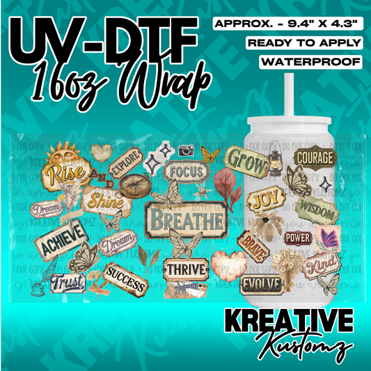 A UV DTF adhesive wrap for a 16oz glass cup featuring vintage-style inspirational word stickers.