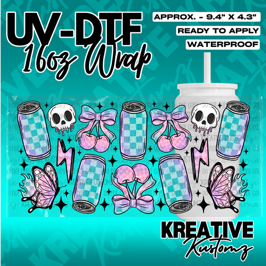 A UV DTF cup wrap featuring a pattern of skulls, cherries, butterflies, and checkered soda cans.