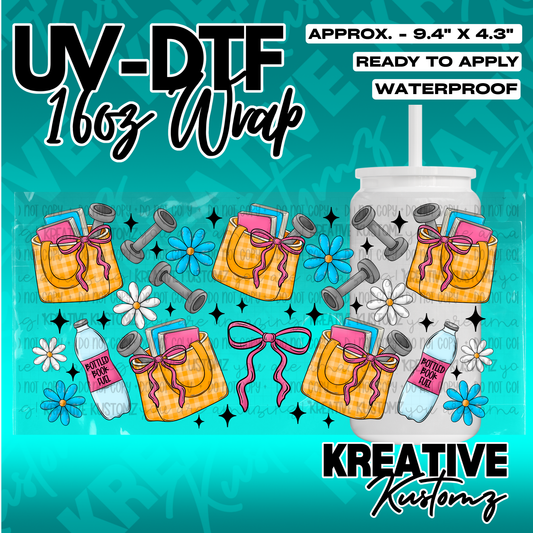 A UV DTF cup wrap featuring a pattern of tote bags, books, dumbbells, and flowers.