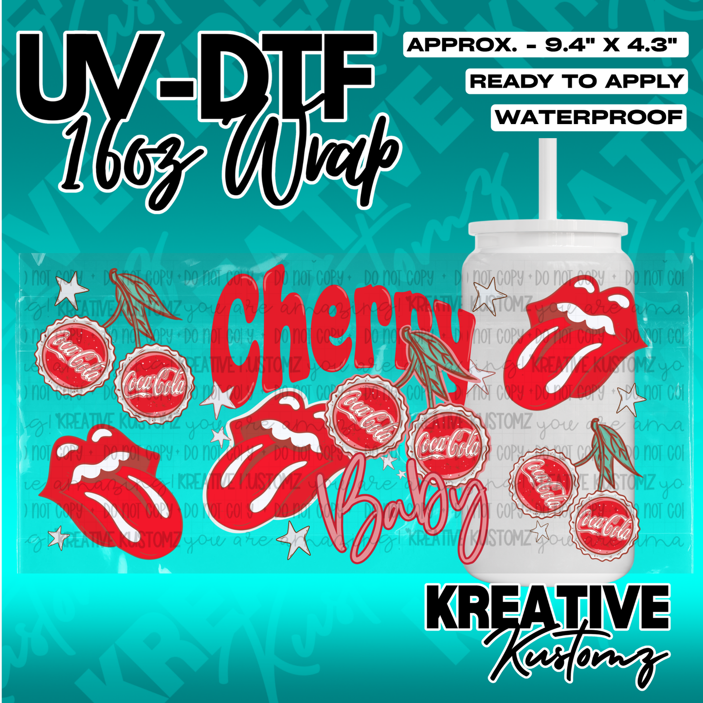 A Cherry Baby Coca-Cola themed UV DTF adhesive wrap for 16oz glass cans.