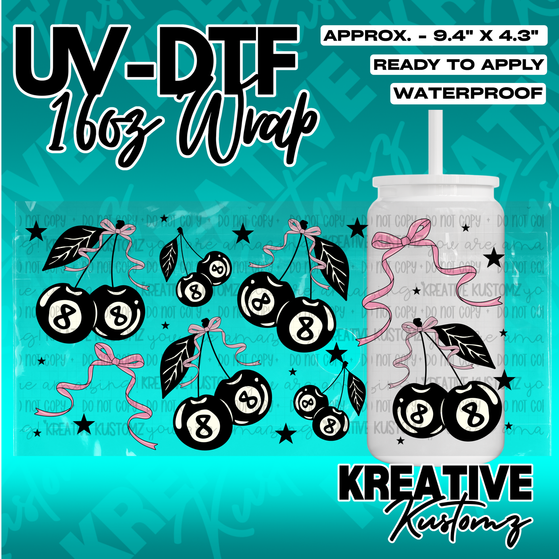 A UV DTF adhesive wrap featuring black 8-ball cherries with pink bows for 16oz glass cans.