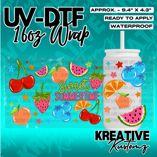 A fruit-themed UV DTF adhesive wrap for 16oz glass cups featuring cherries, berries, and melons.