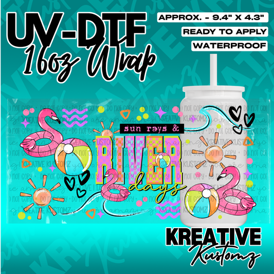 A summer themed UV DTF cup wrap featuring flamingos, beach balls, and suns for a 16oz glass cup.
