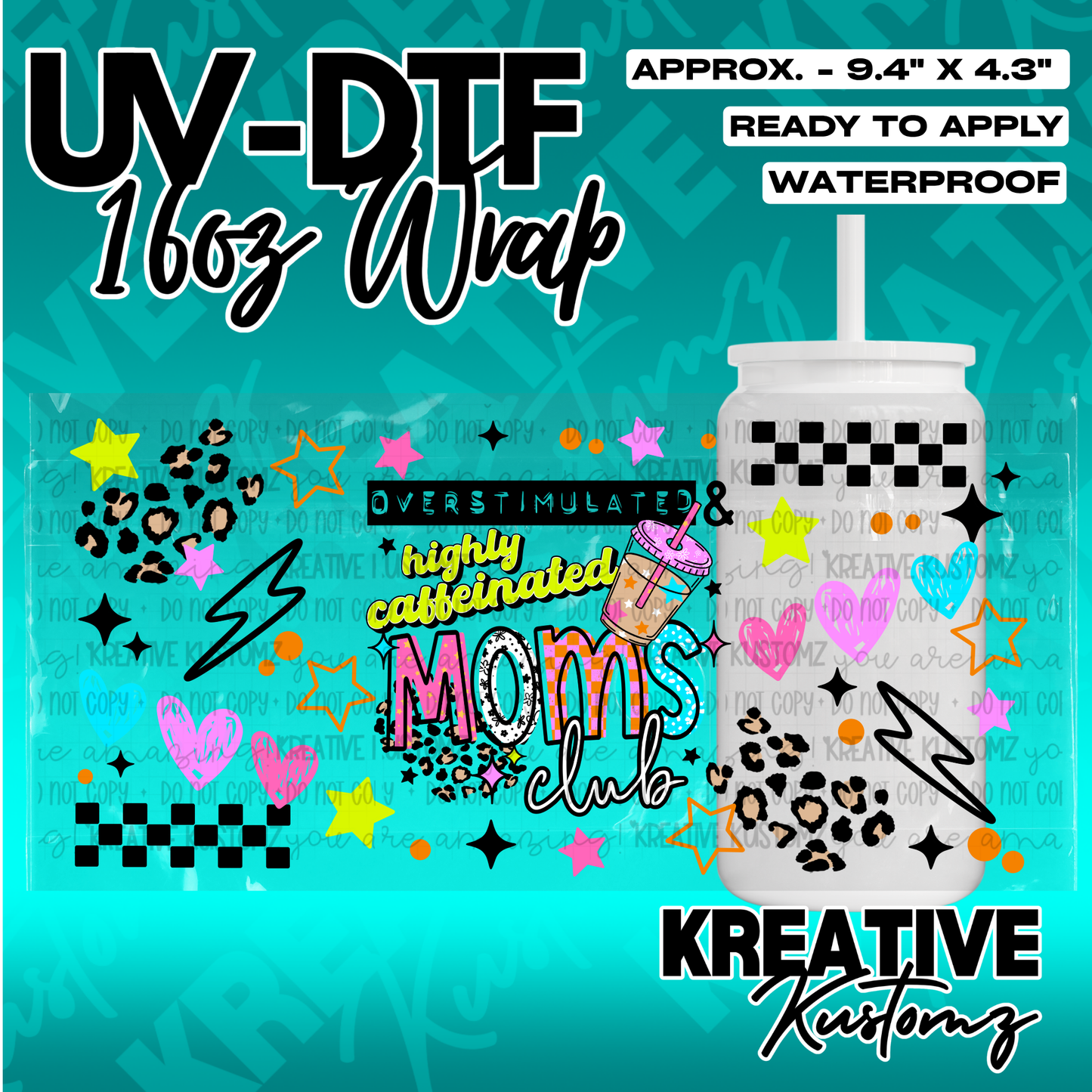 A UV DTF cup wrap featuring leopard print, checkered patterns, and the text Moms Club.