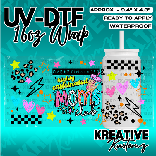 A UV DTF cup wrap featuring leopard print, checkered patterns, and the text Moms Club.