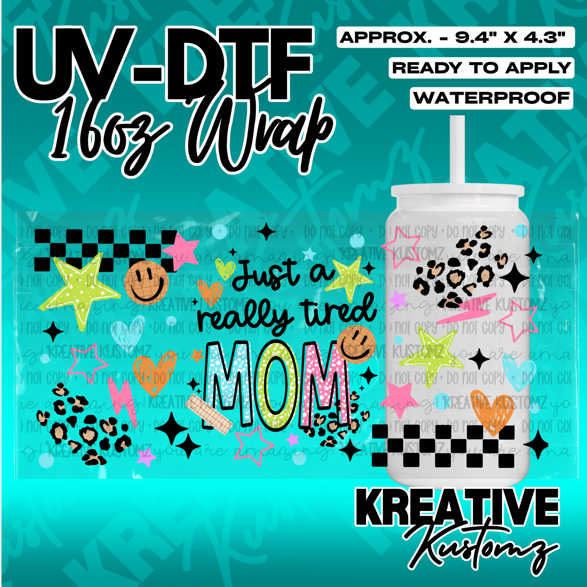 A UV DTF adhesive wrap for 16oz glass cans featuring leopard print and mom-themed graphics.