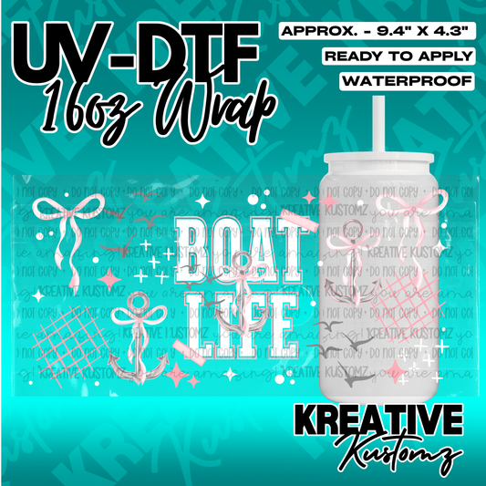 A Boat Life UV DTF adhesive wrap for 16oz glass cans featuring anchors and bows.