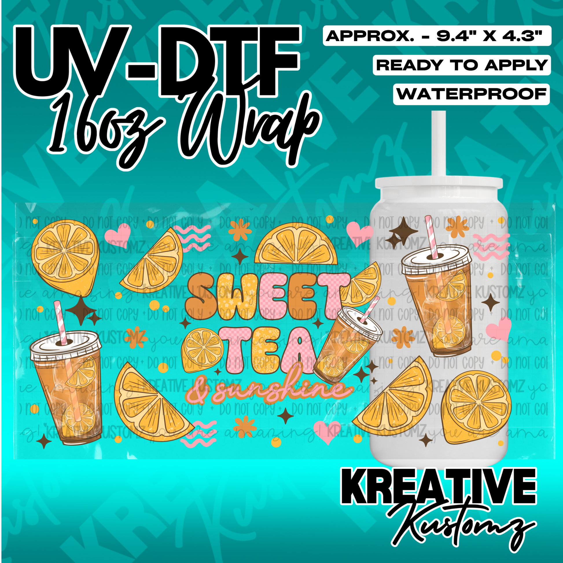 A UV DTF adhesive wrap featuring a sweet tea and lemon theme designed for 16oz glass cans.