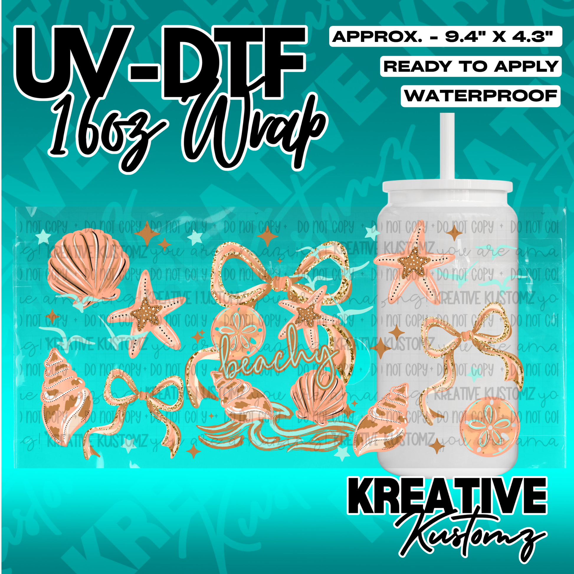A beach-themed UV DTF cup wrap featuring seashells, starfish, and bows for 16oz glass cans.