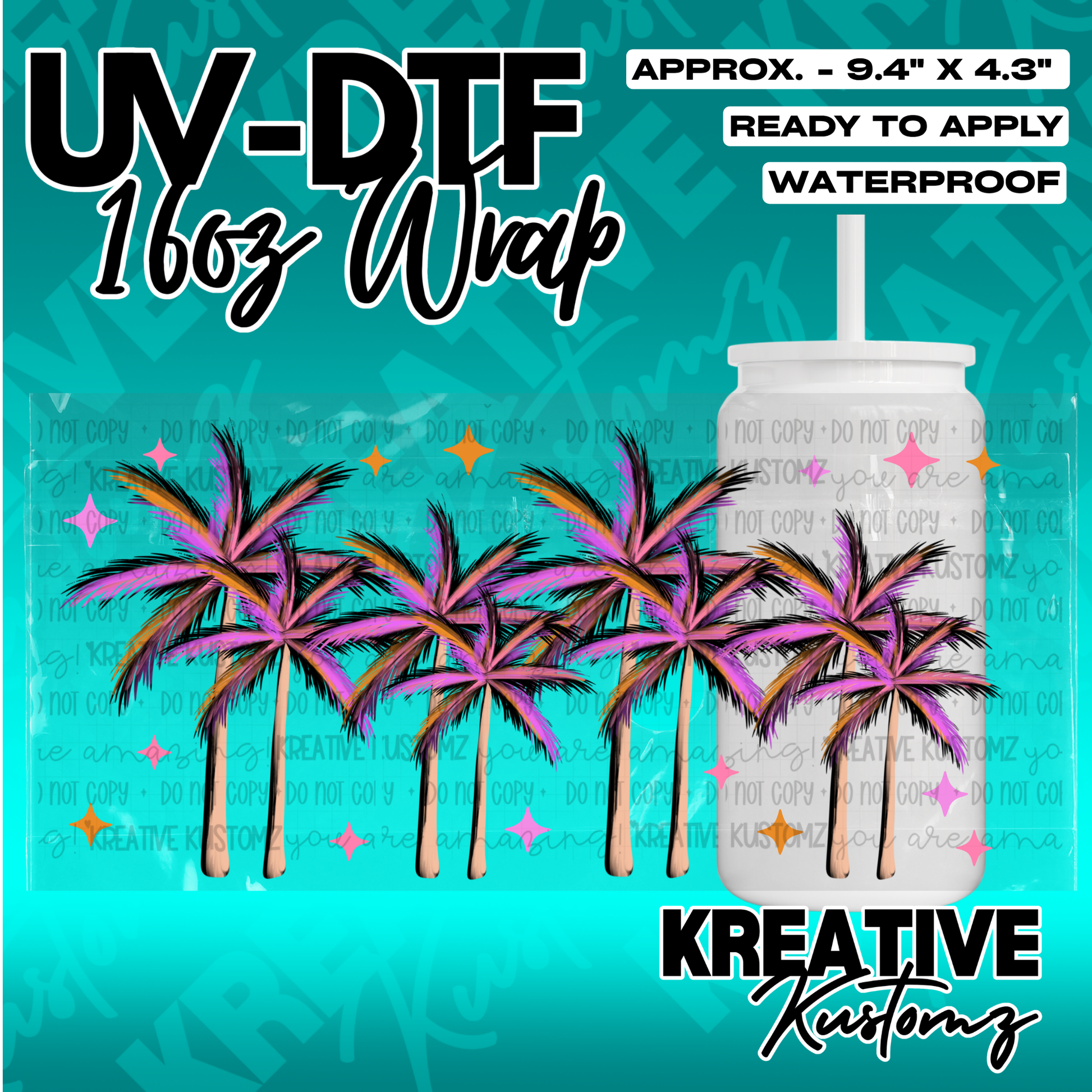 A UV DTF adhesive cup wrap featuring a row of colorful palm trees for 16oz glass cans.