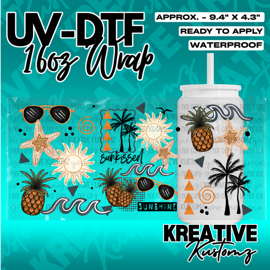 A UV DTF adhesive wrap for 16oz glass cans featuring a tropical theme with pineapples and suns.