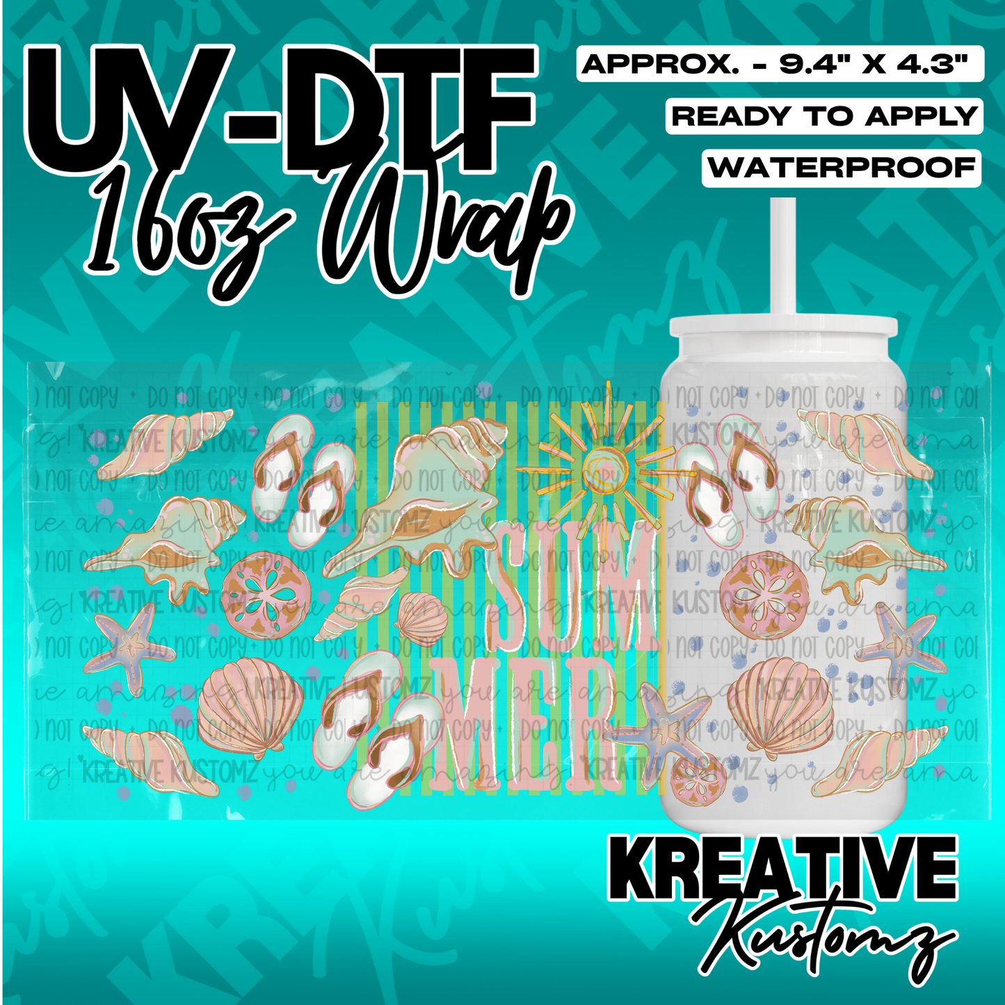 Summer-themed UV DTF adhesive cup wrap featuring seashells, flip flops, and a sun for glass cans.
