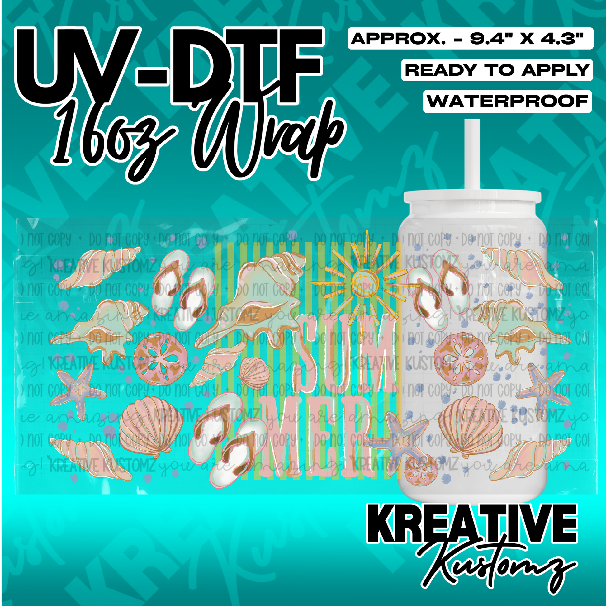 Summer-themed UV DTF adhesive cup wrap featuring seashells, flip flops, and a sun for glass cans.