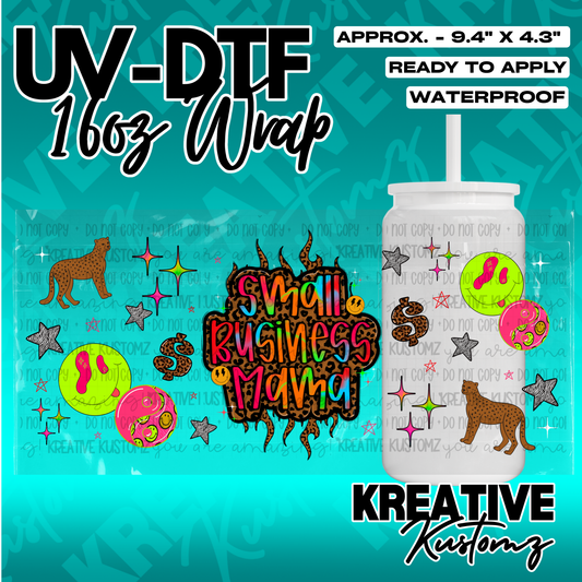 A UV DTF adhesive cup wrap featuring leopard print, smiley faces, and stars for a 16oz glass can.