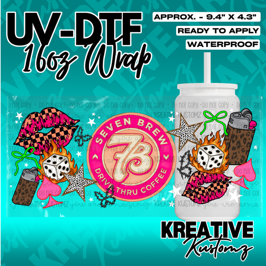 A UV DTF cup wrap featuring Seven Brew branding, dice, lips, and stars for a 16oz glass.