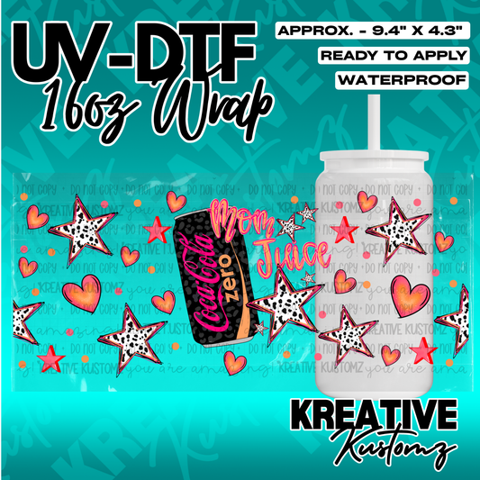 A UV DTF adhesive cup wrap featuring leopard print stars, hearts, and Mom Juice text.
