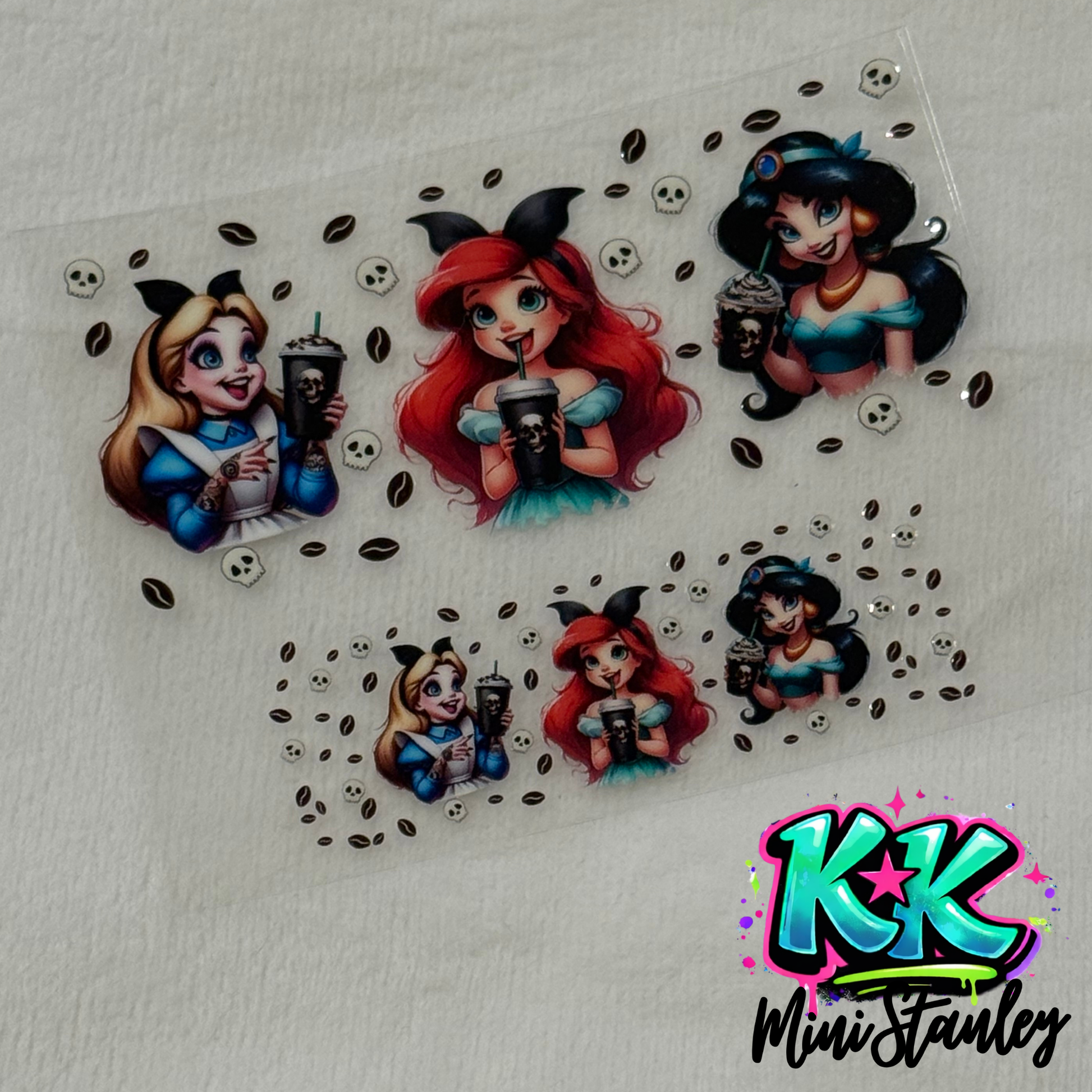 A UV DTF adhesive decal sheet featuring cartoon princesses with coffee cups and skull accents.
