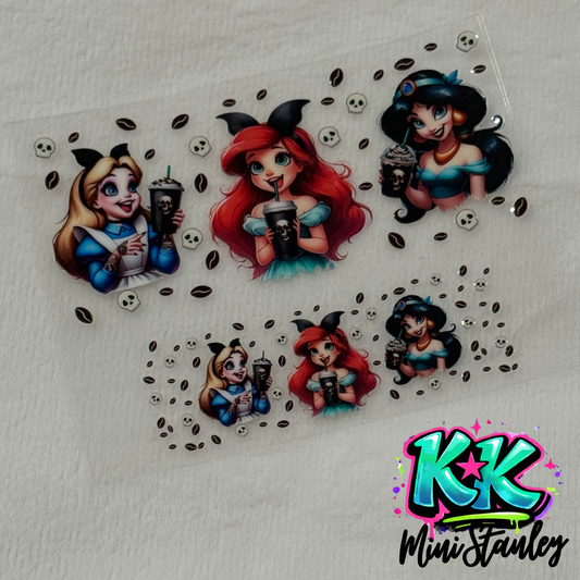A UV DTF adhesive decal sheet featuring cartoon princesses with coffee cups and skull accents.