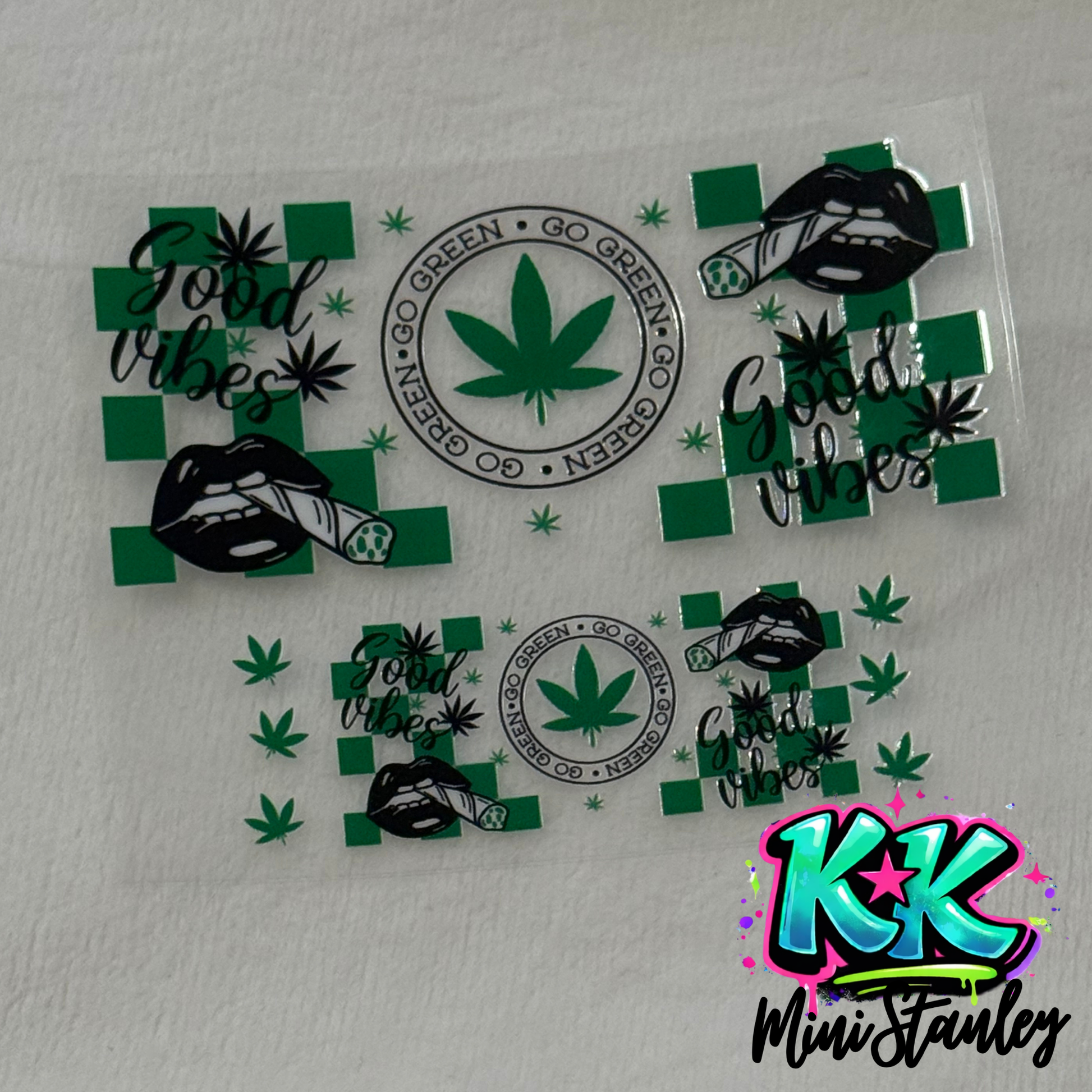Two UV DTF adhesive wraps featuring a green checkered pattern, cannabis leaves, and lips.