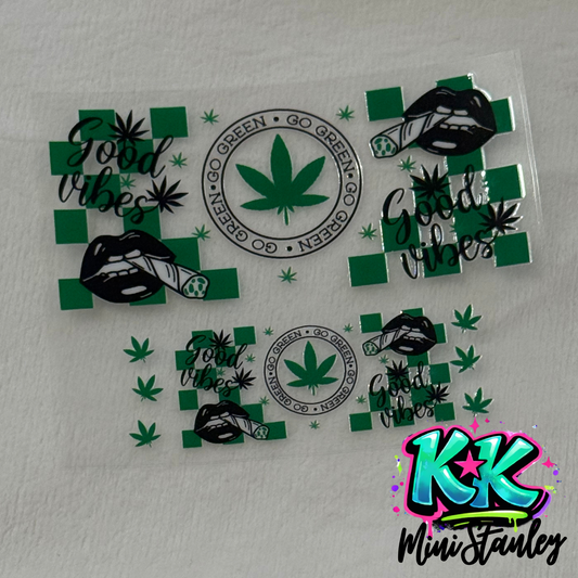 Two UV DTF adhesive wraps featuring a green checkered pattern, cannabis leaves, and lips.