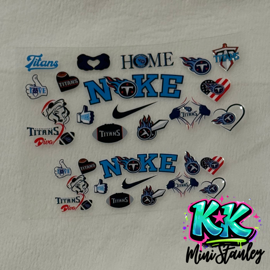 Two sheets of Tennessee Titans themed UV DTF adhesive decals for mini cup keychains.