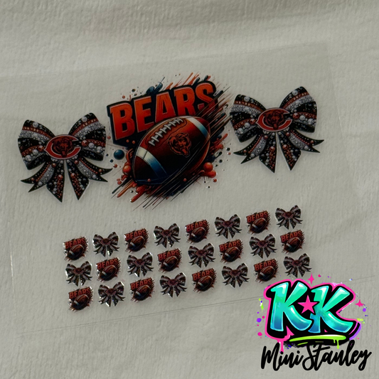 A UV DTF adhesive decal sheet featuring Chicago Bears football and cheer bow designs.